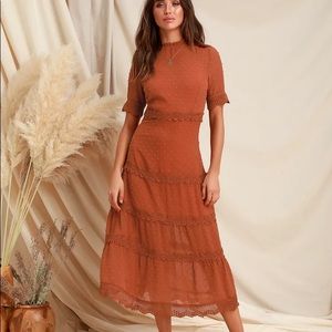 Dreaming of You Rust Orange Swiss Dot Midi Dress
